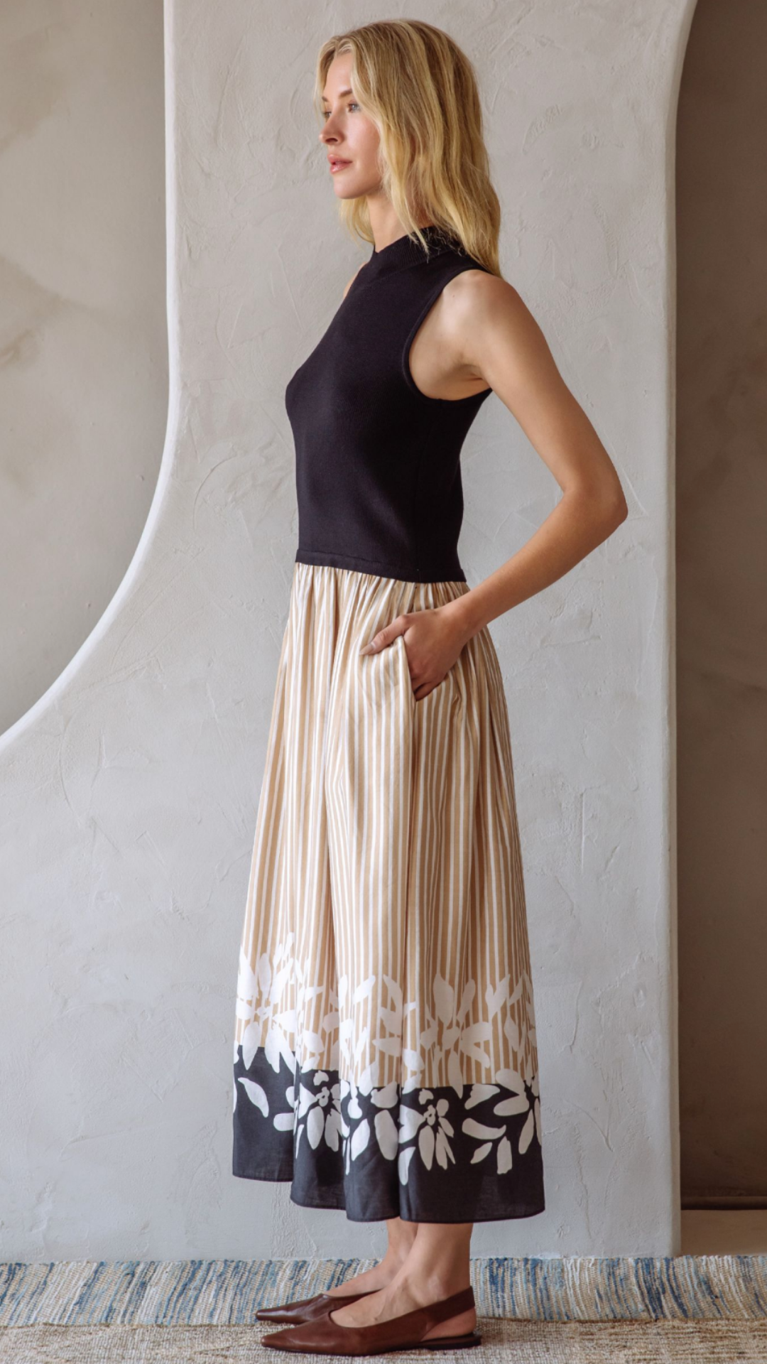 Beige Black Floral Detail Midi Dress