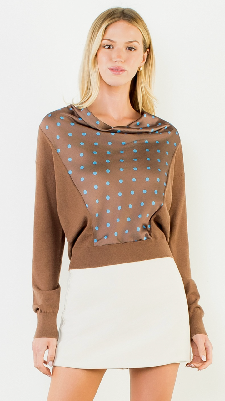 Polka Dot Cowl Neck Mixed Media Top