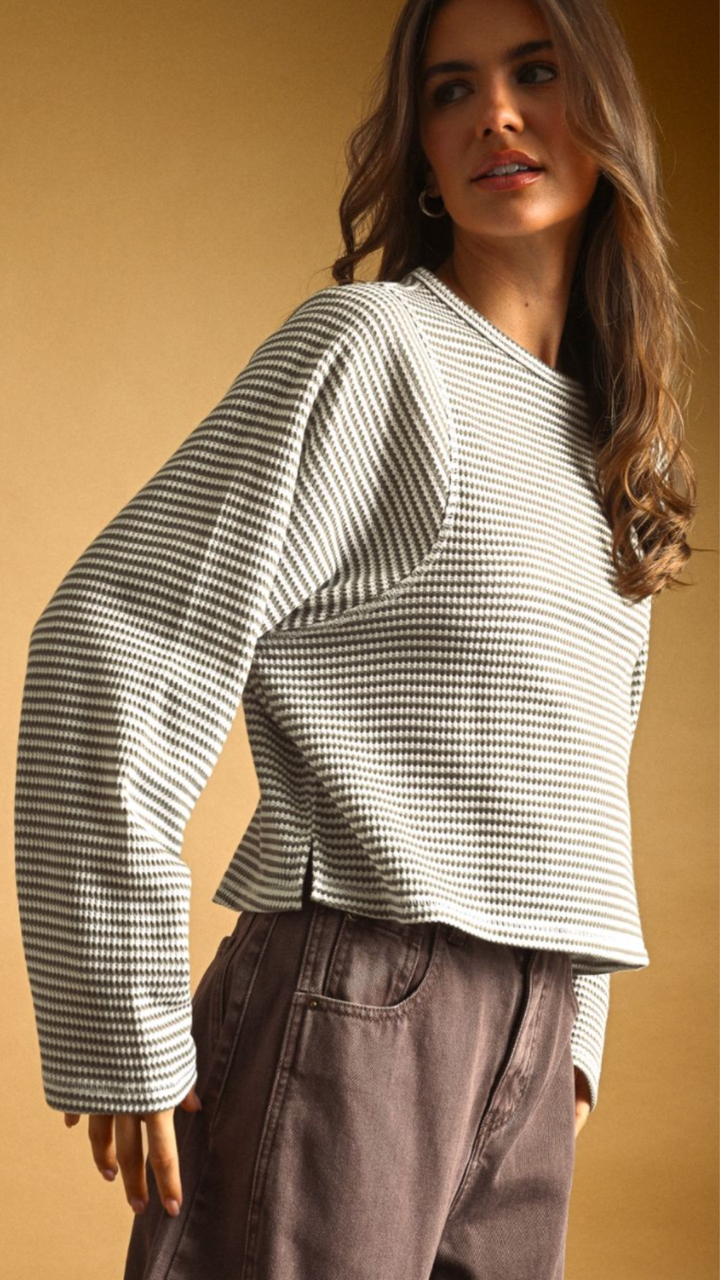 Grey Striped Waffle Long Sleeve Top