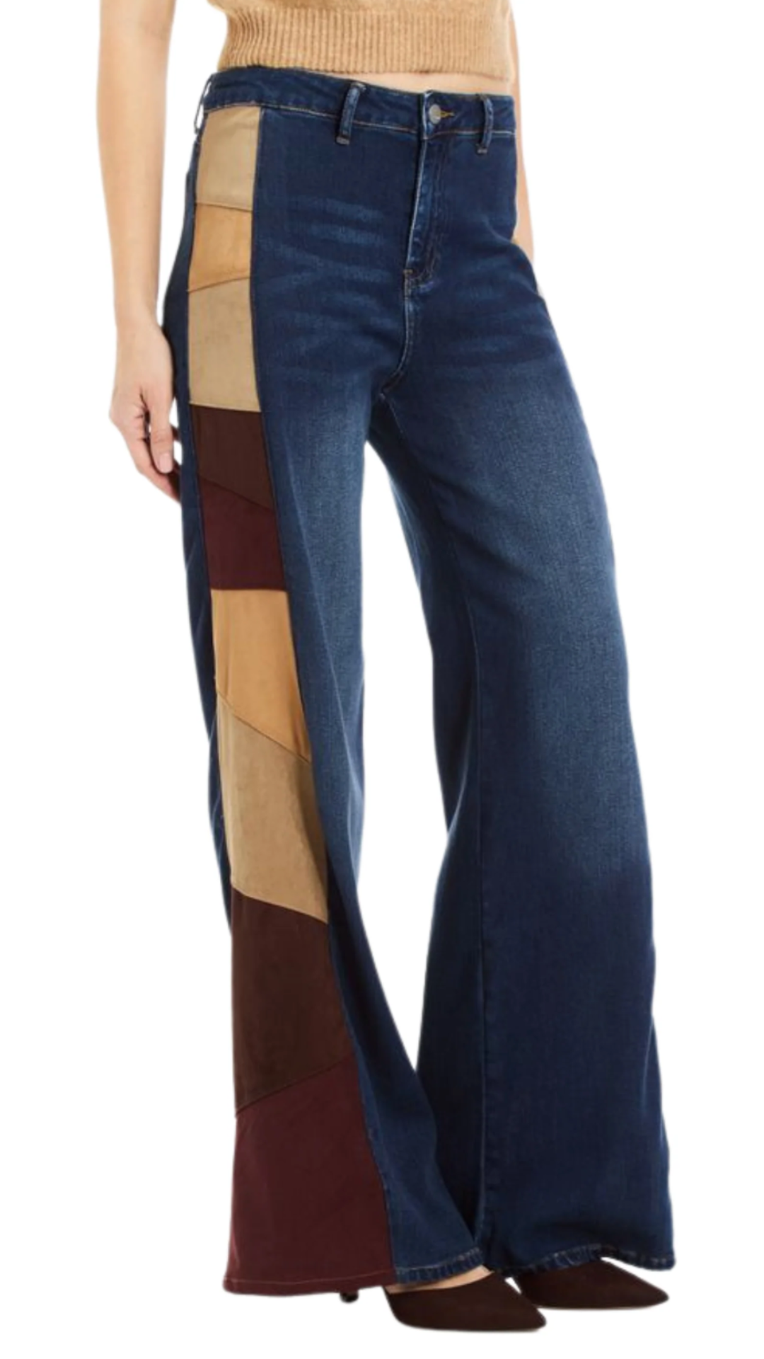 Suede Side Panel Denim Wide Leg Jeans