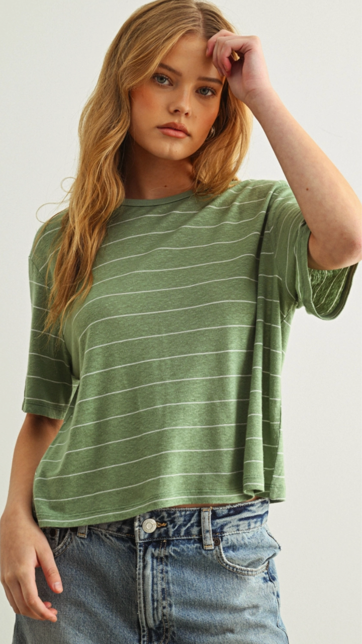 Sage And White Stripe Cotton Linen Top