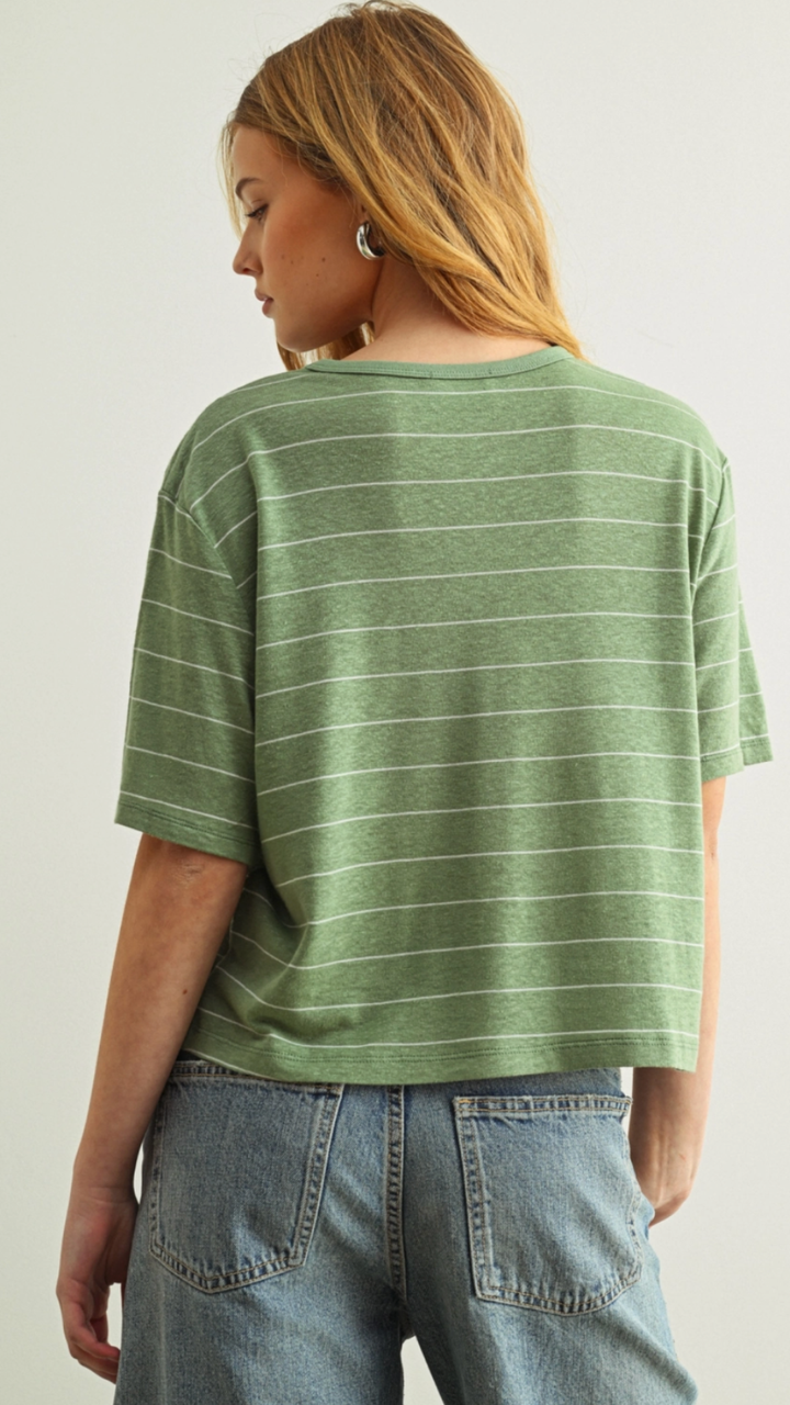 Sage And White Stripe Cotton Linen Top