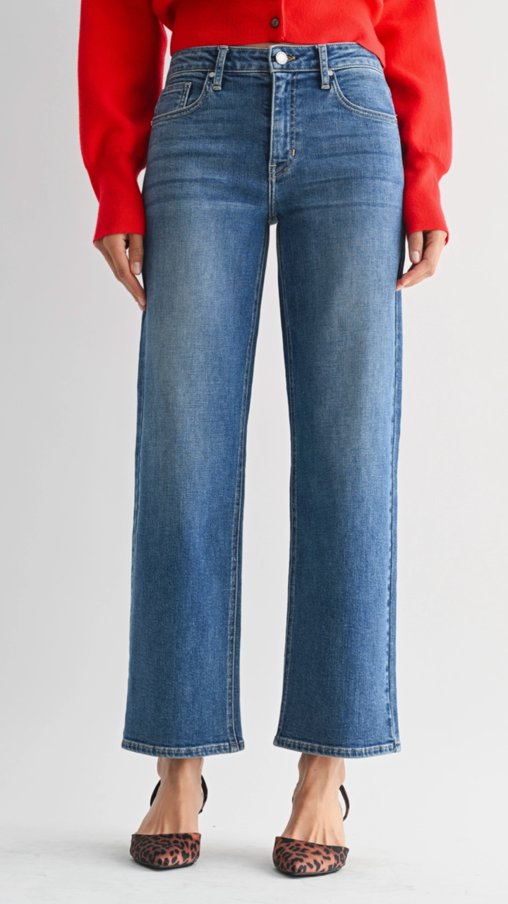 Mid Rise Medium Wash Slim Wide Leg Jeans