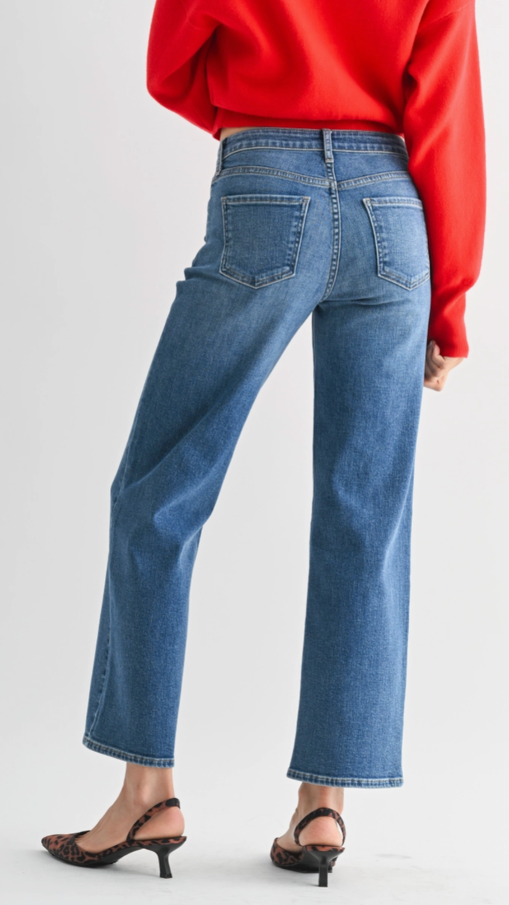 Mid Rise Medium Wash Slim Wide Leg Jeans