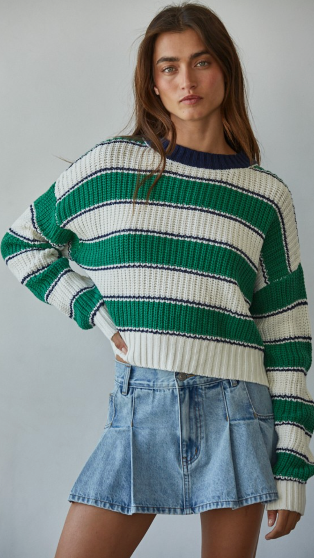 Green And Blue Striped Pullover Sweater