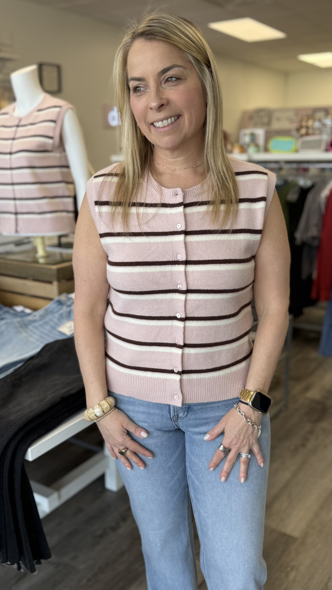 Pink Brown Ivory Sleeveless Cardigan Top