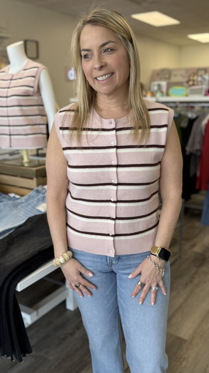 Pink Brown Ivory Sleeveless Cardigan Top