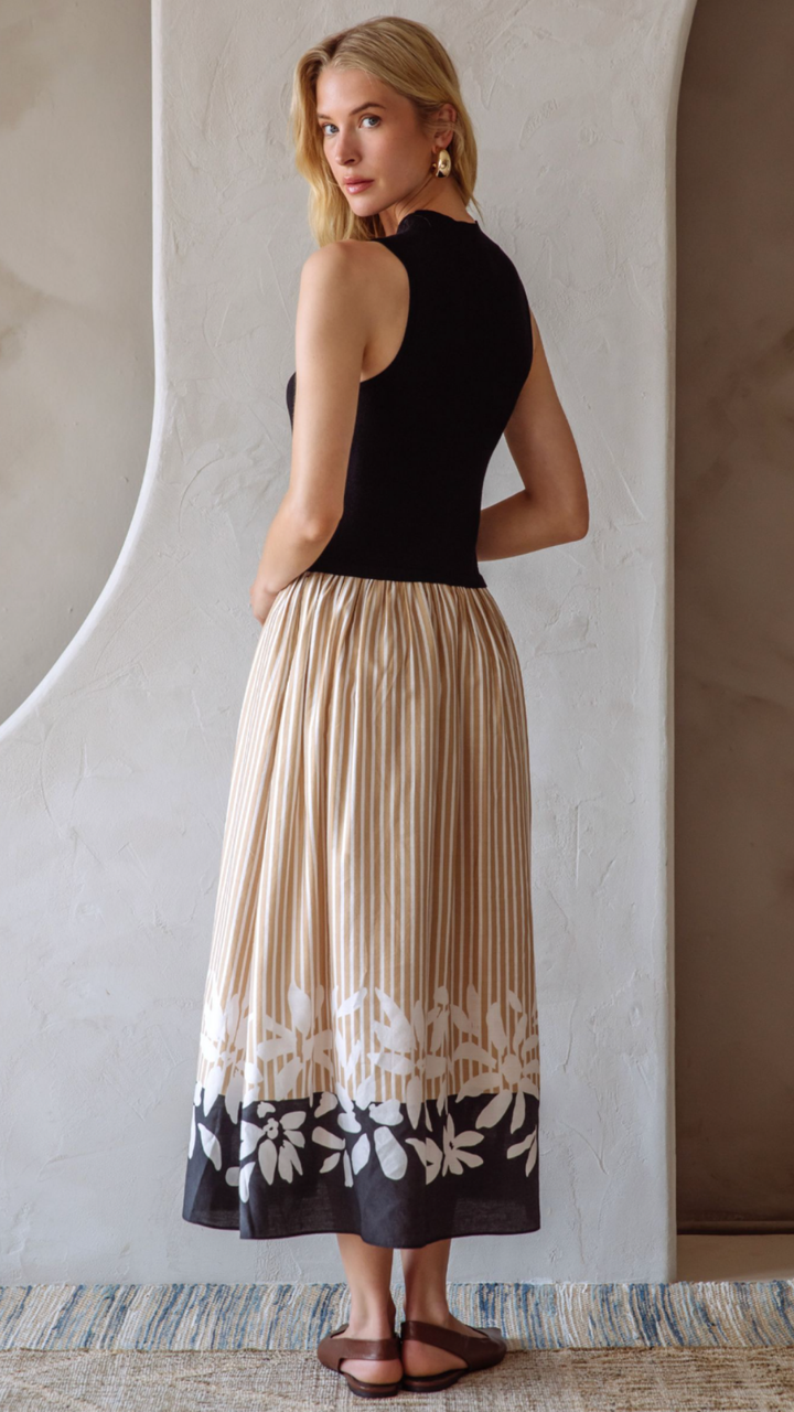 Beige Black Floral Detail Midi Dress