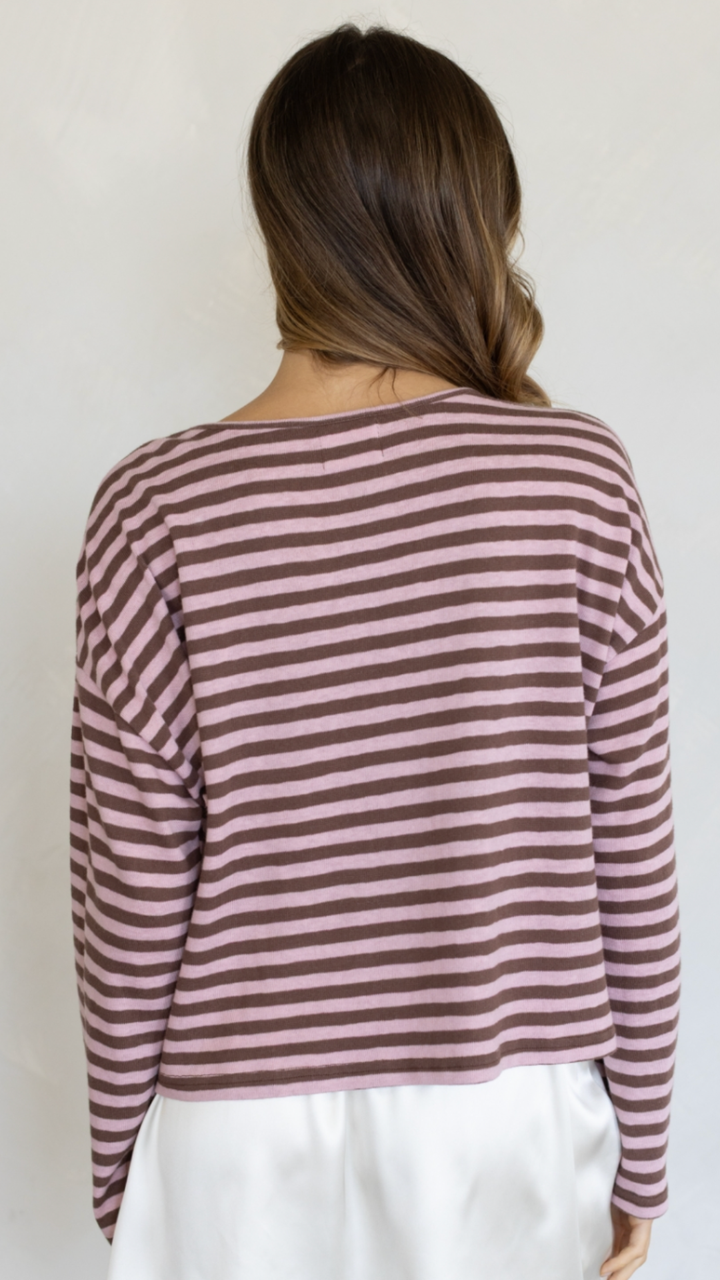 Pink And Brown Stripe Boat Neck Long Sleeve Top