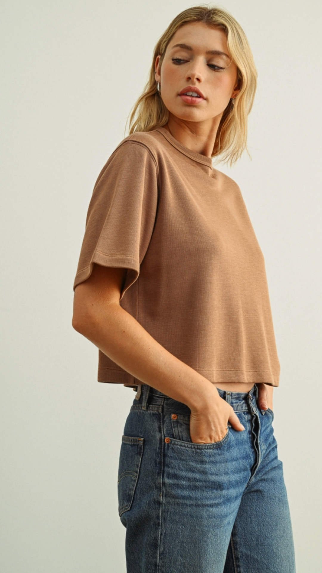 Mocha Soft Brushed Short Sleeve Knitted Top