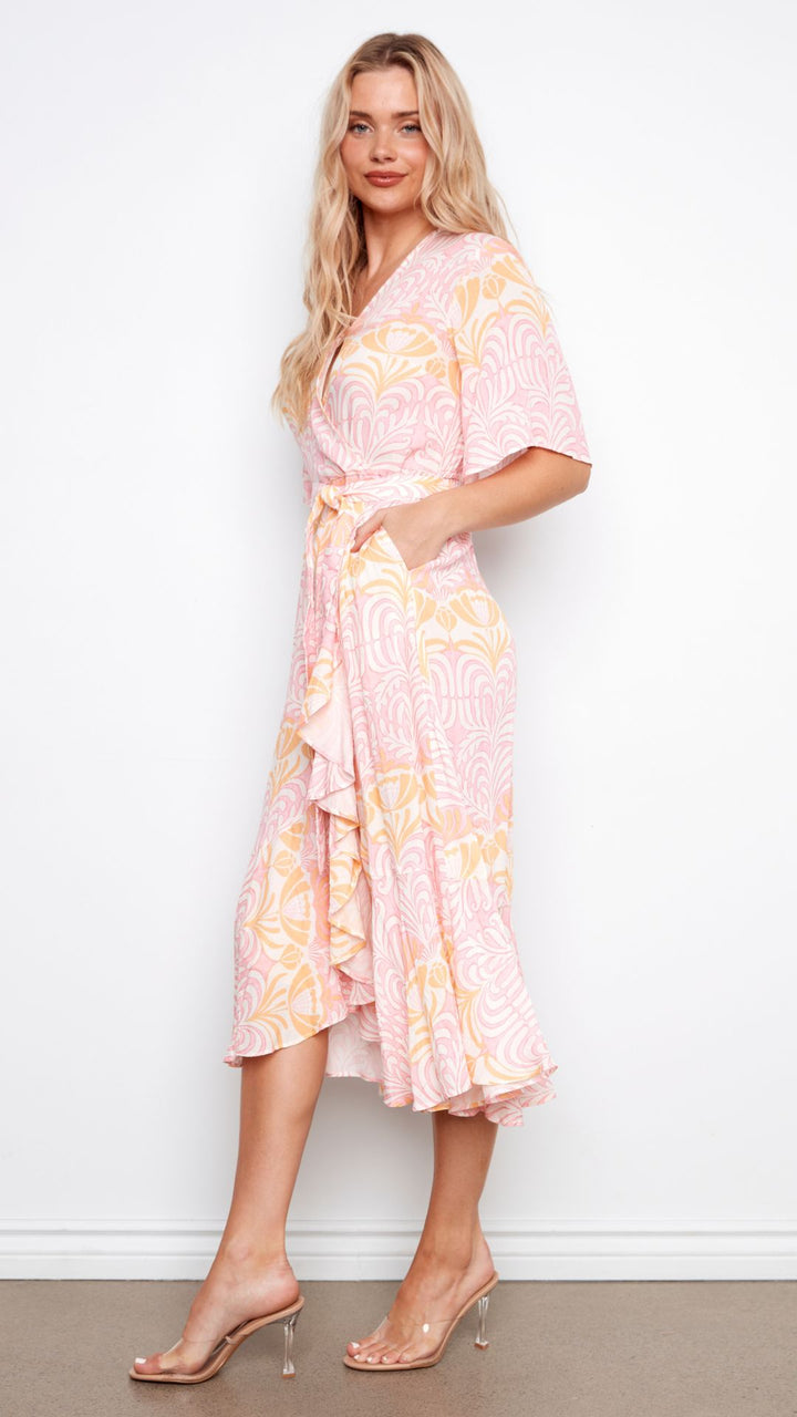 Flutter Elbow Sleeve Wrap Maxi Dress