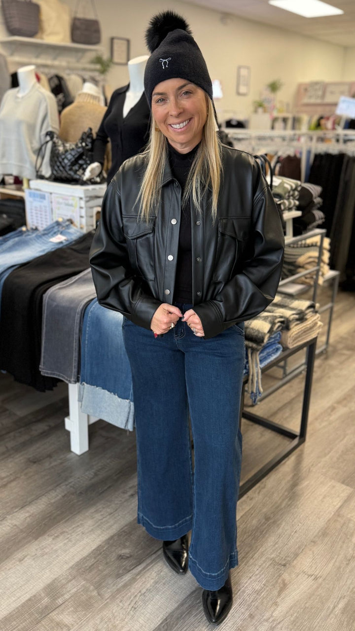 Black Faux Leather Buttoned Jacket