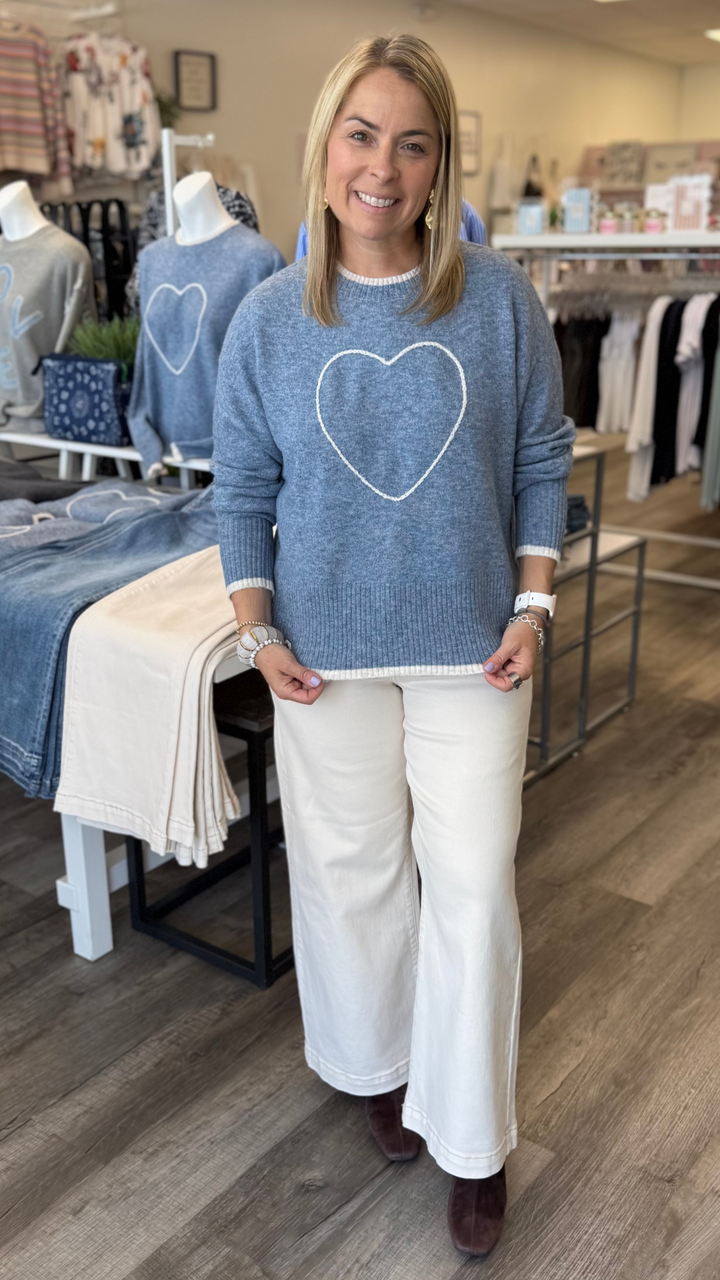 Blue Embroidered Heart Sweater