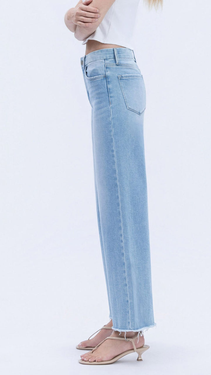 High Rise Light Wash Seamless Waistband Raw Hem Wide Leg Jeans