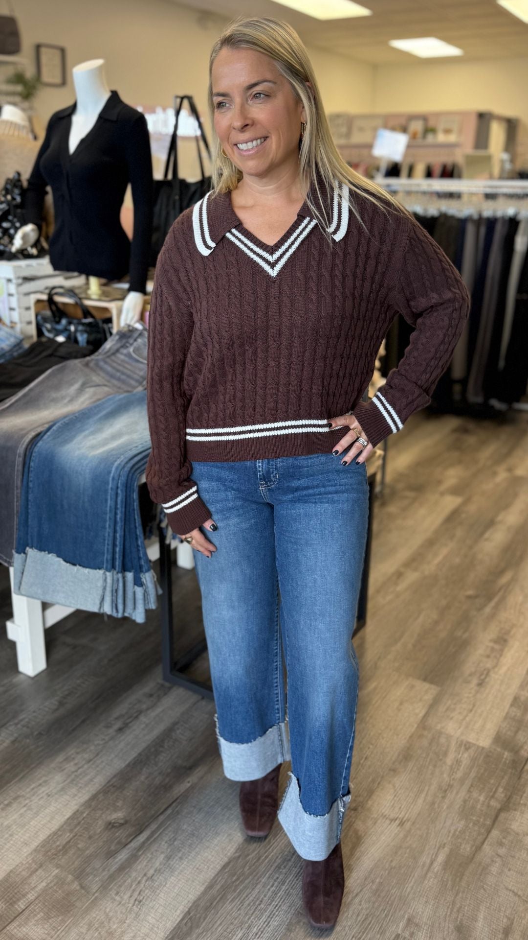Brown And Ivory Collared Stripe Sweater