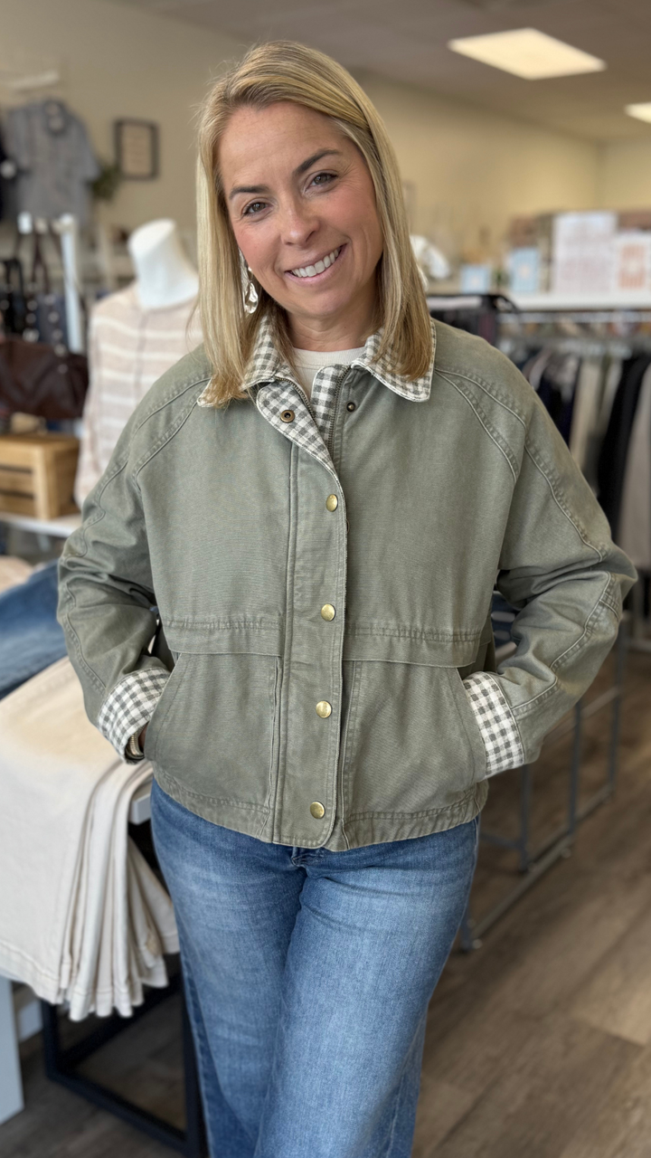 Olive Gingham Collared Twill Jacket