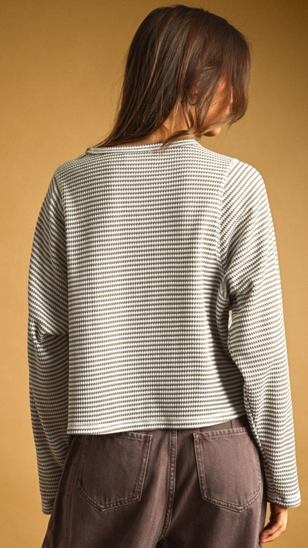 Grey Striped Waffle Long Sleeve Top