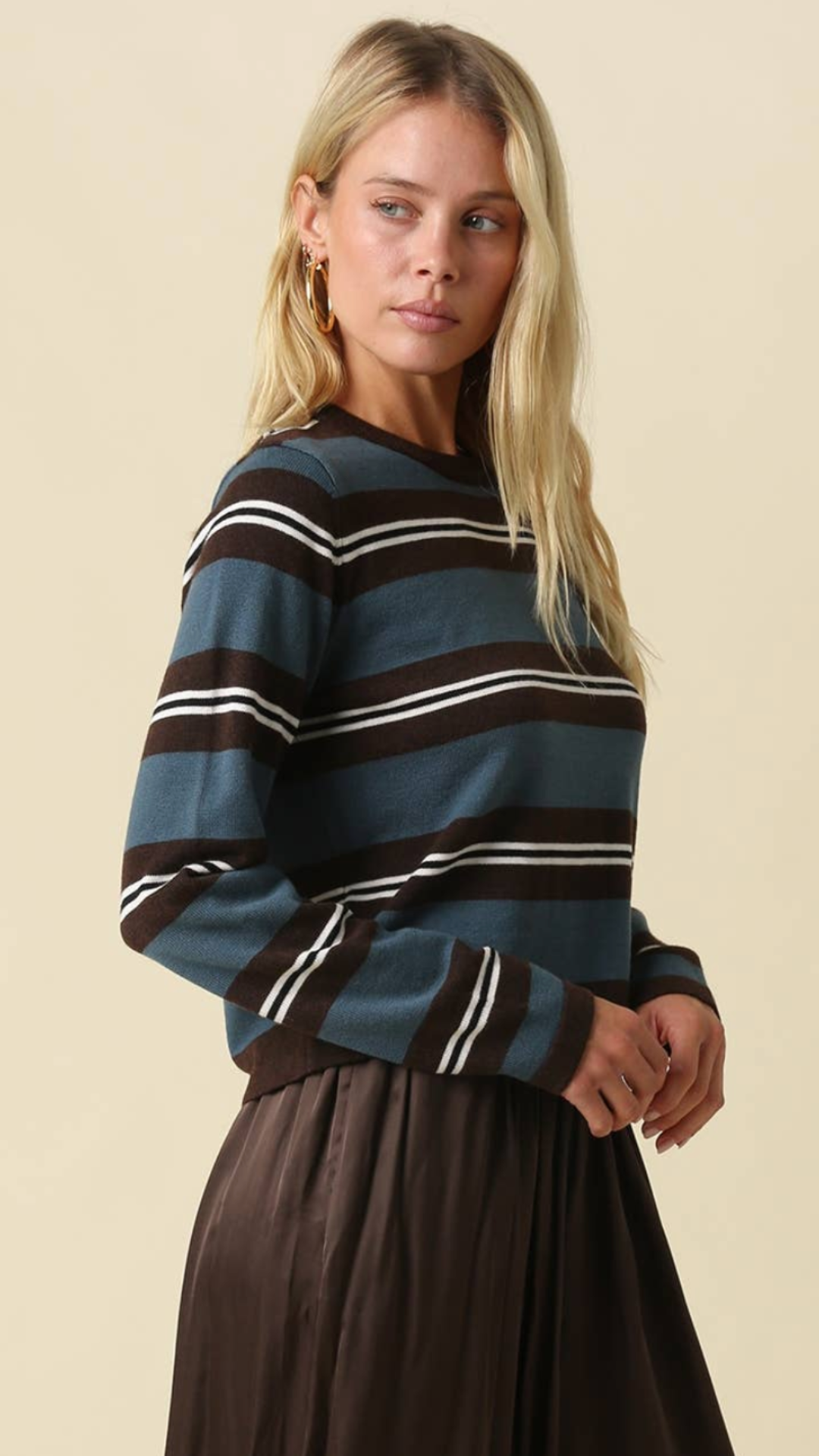 Brown And Teal  Stripe Knit Top
