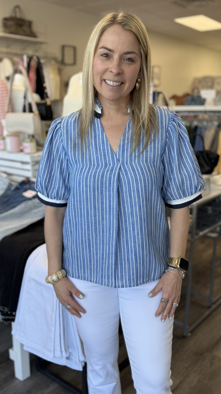 Short Sleeve Striped V Neck Top