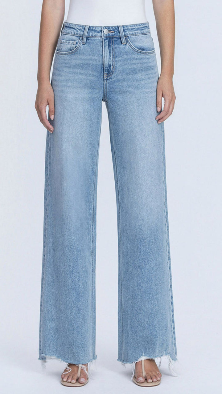 High Rise Light Wash Full Length Raw Hem Wide Leg Jeans