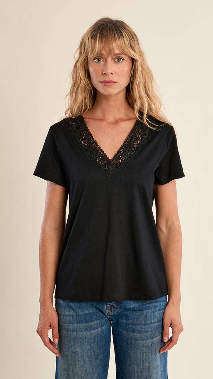 Black Lace V Neck Tee