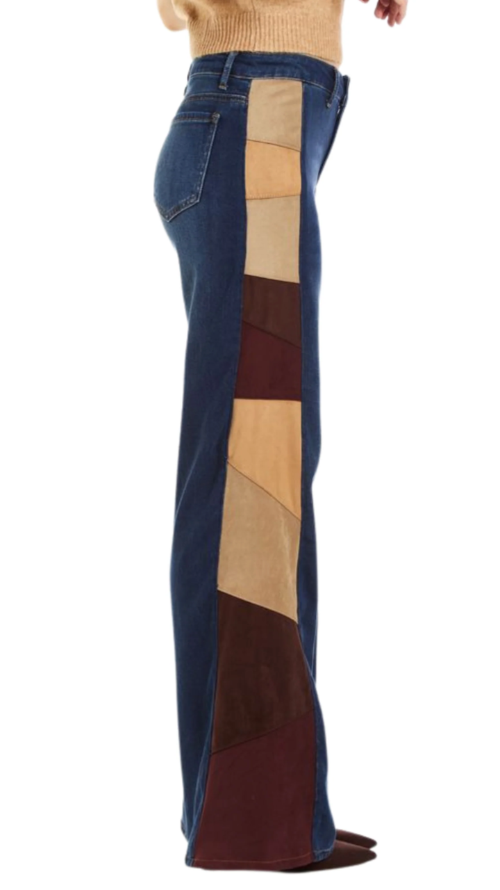 Suede Side Panel Denim Wide Leg Jeans