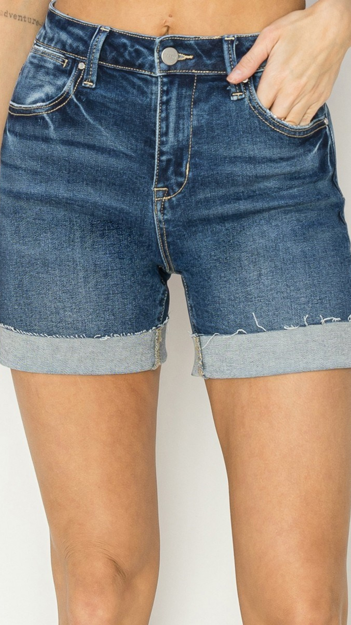 High Rise Dark Wash Cuffed Shorts