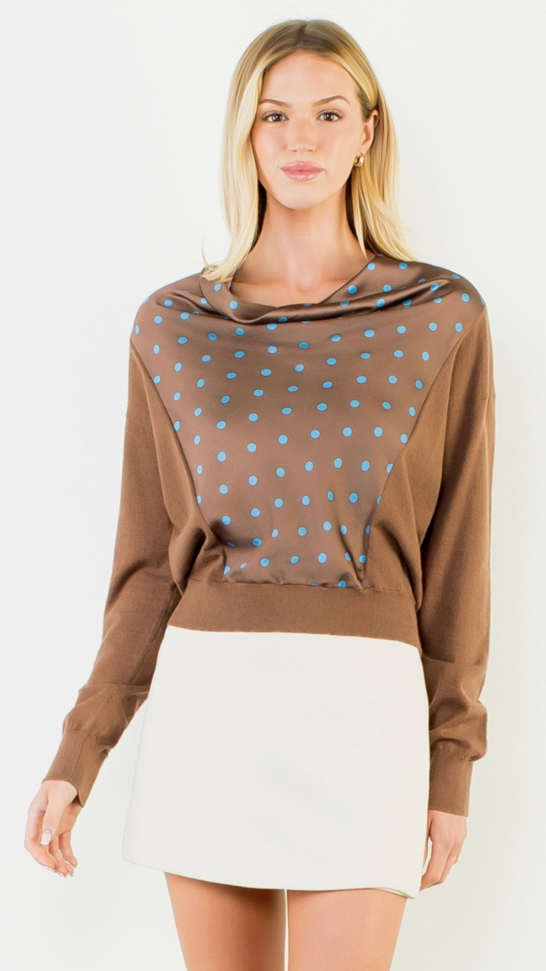 Polka Dot Cowl Neck Mixed Media Top
