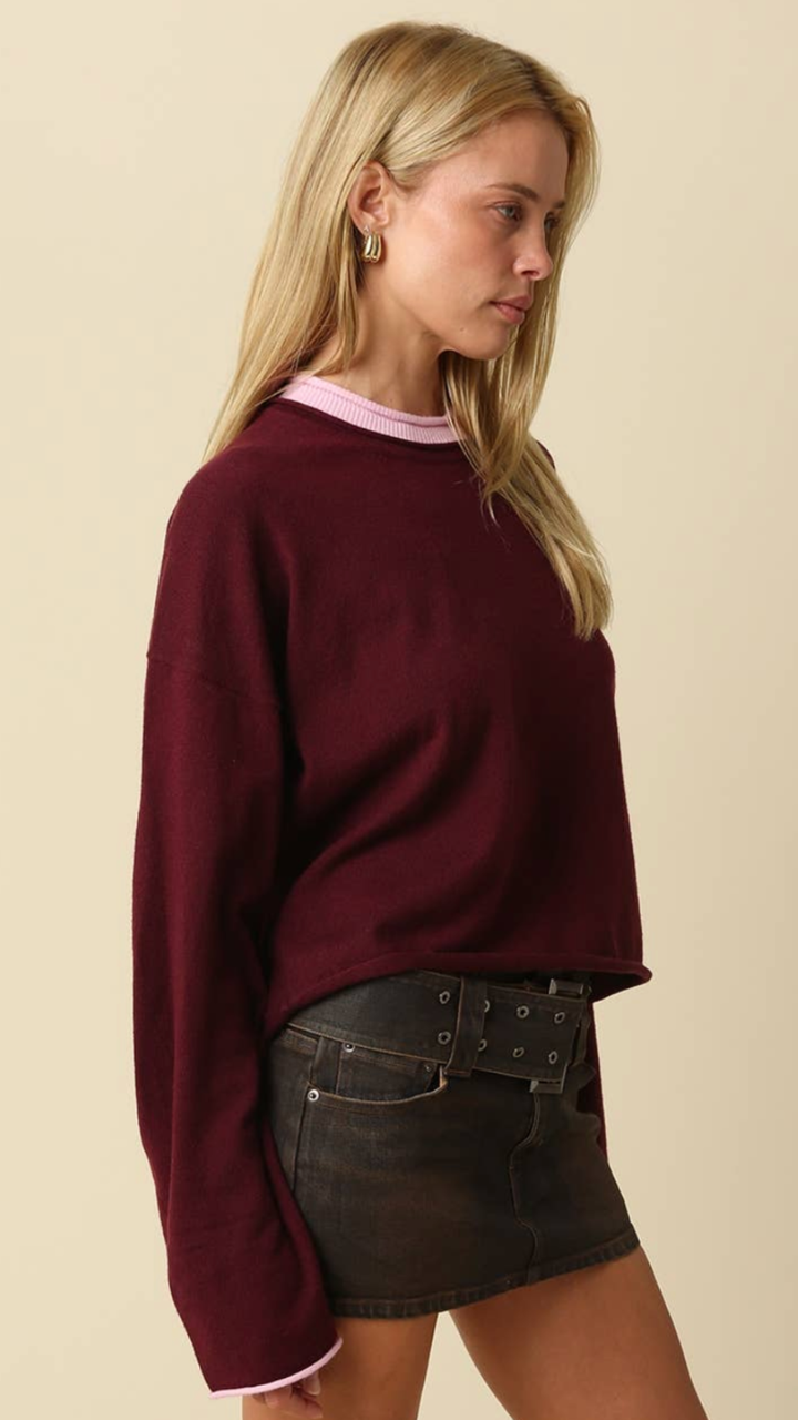 Wine And Pink Contrast Trim Knit Sweater