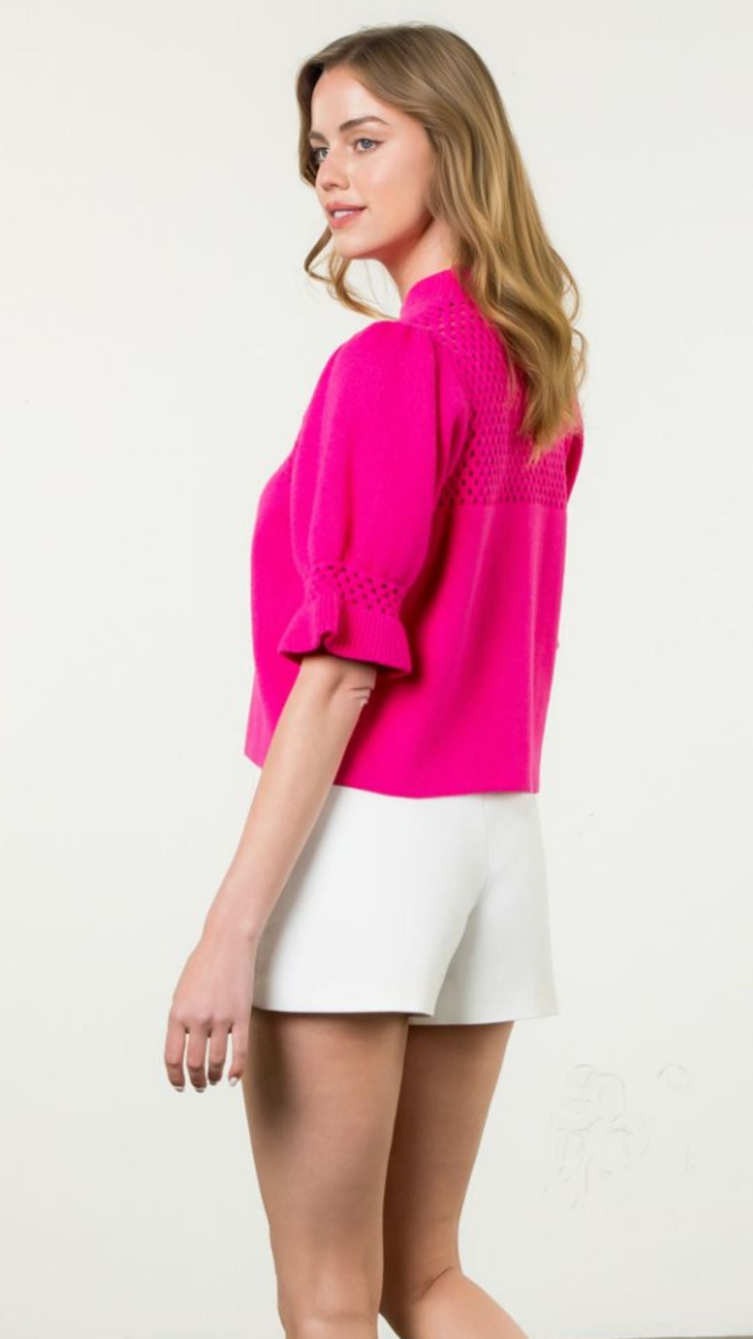 Magenta Pointelle Knit Puff Sleeve Top