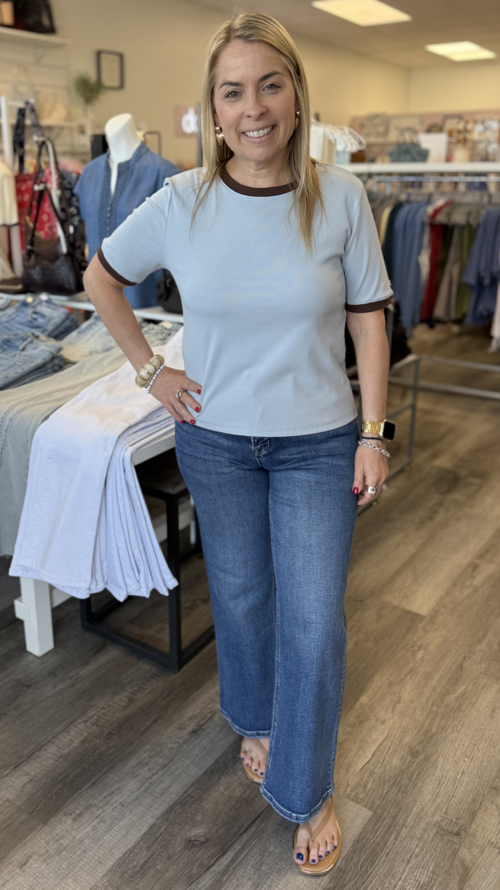 Dusty Blue And Brown Trim Ringer Tee