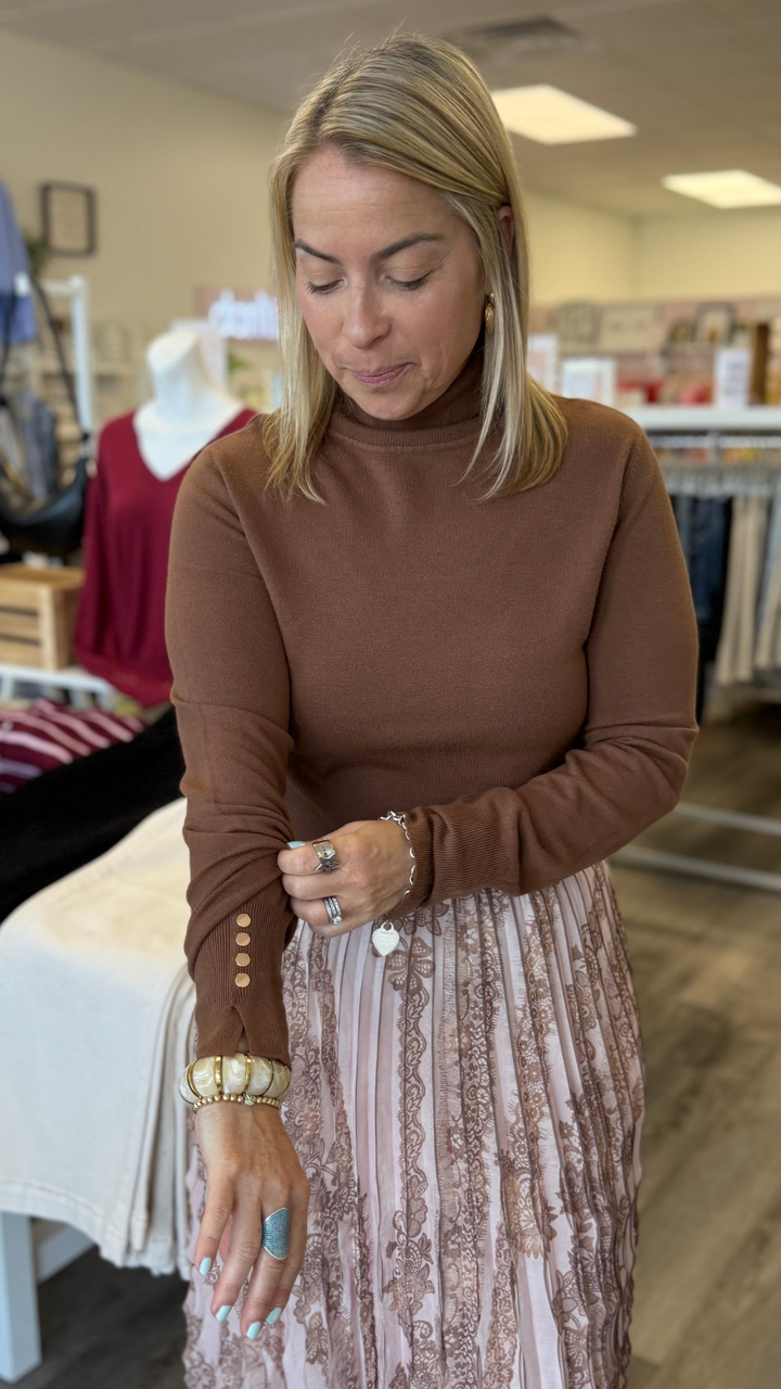 Brown Turtle Neck Buttoned Sleeve Sweater