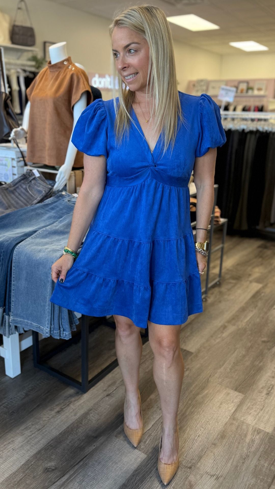 Cobalt Puff Sleeve Suede Mini Dress