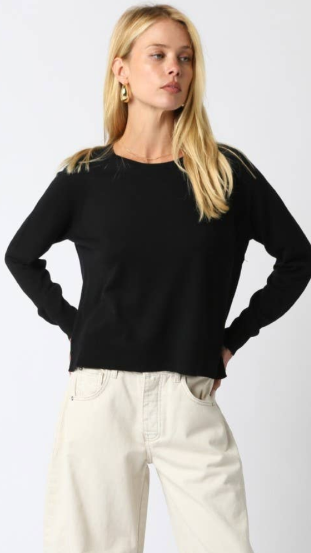Black Ribbed Hem With Side Split Lightweight Sweater
