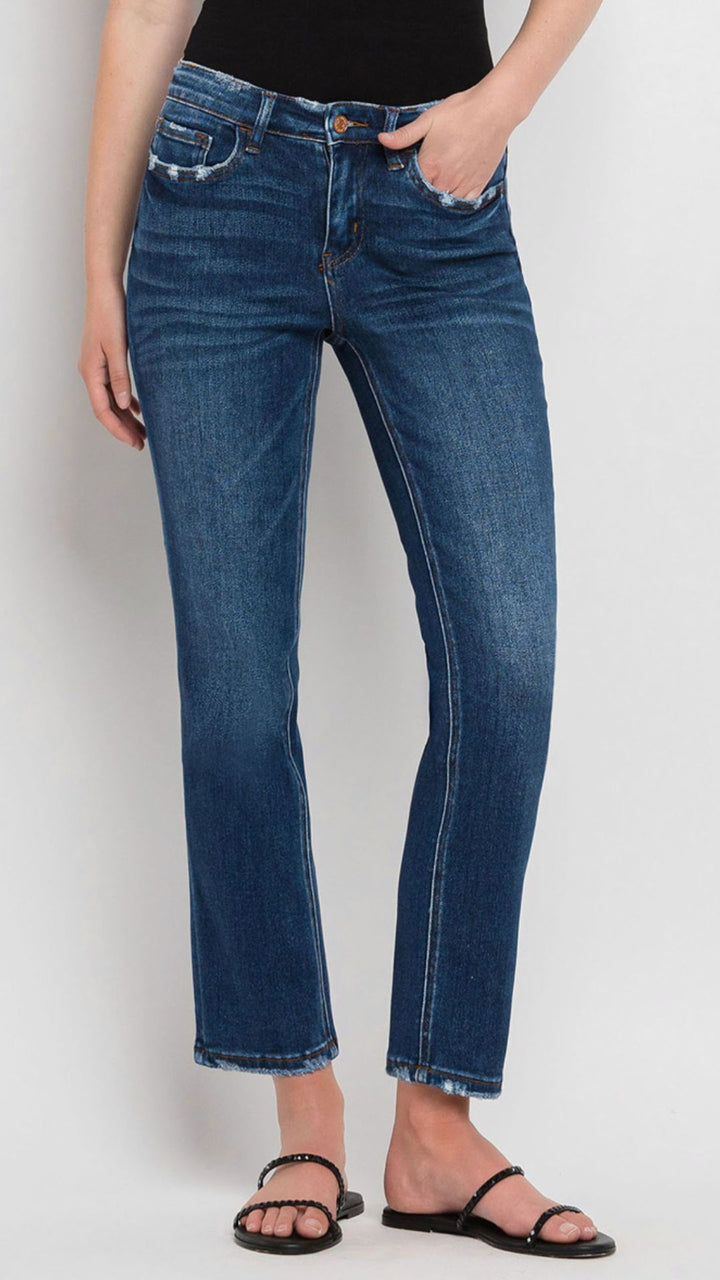 Mid Rise Dark Wash Ankle Slim Straight Jeans