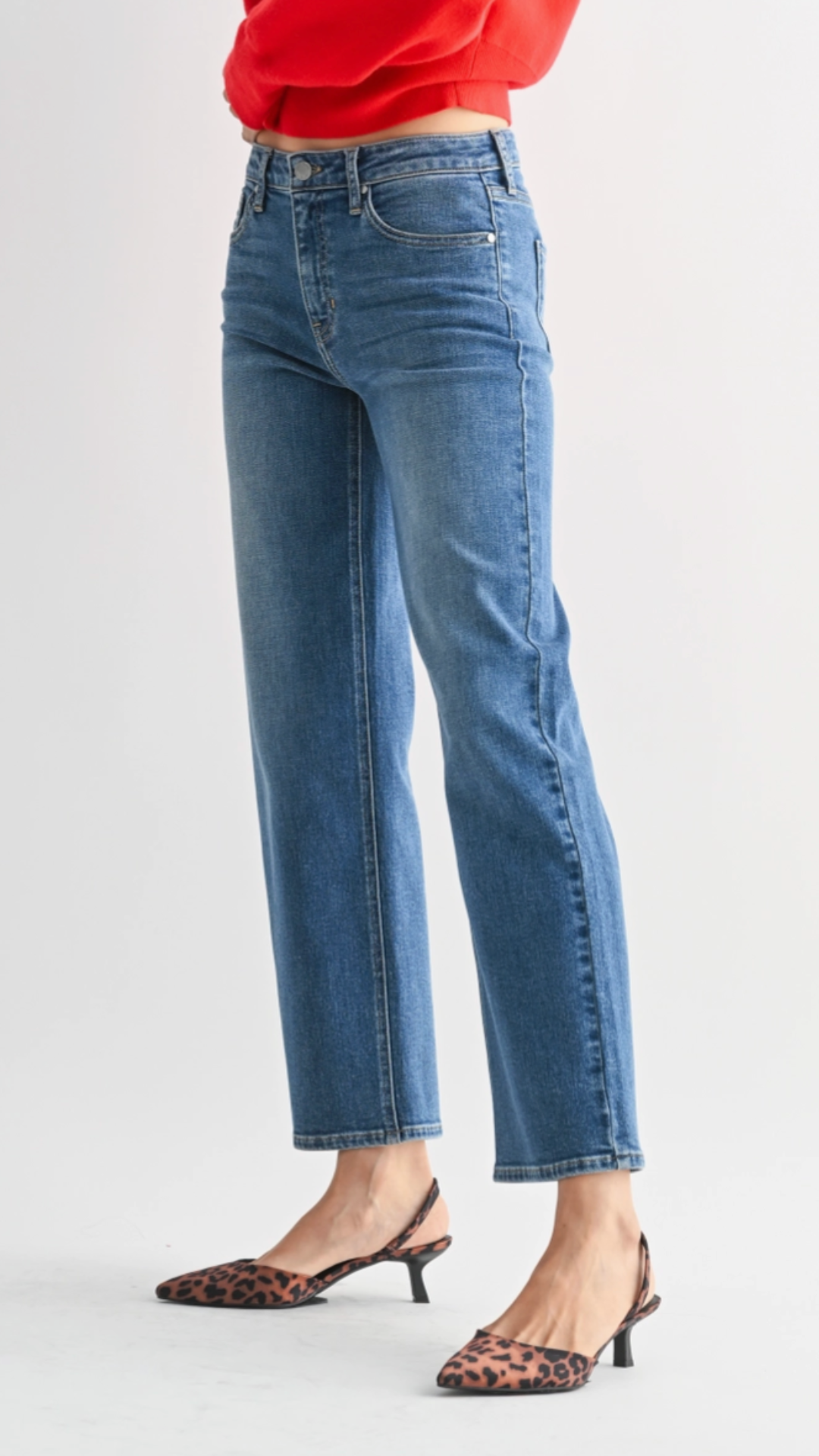 Mid Rise Medium Wash Slim Wide Leg Jeans