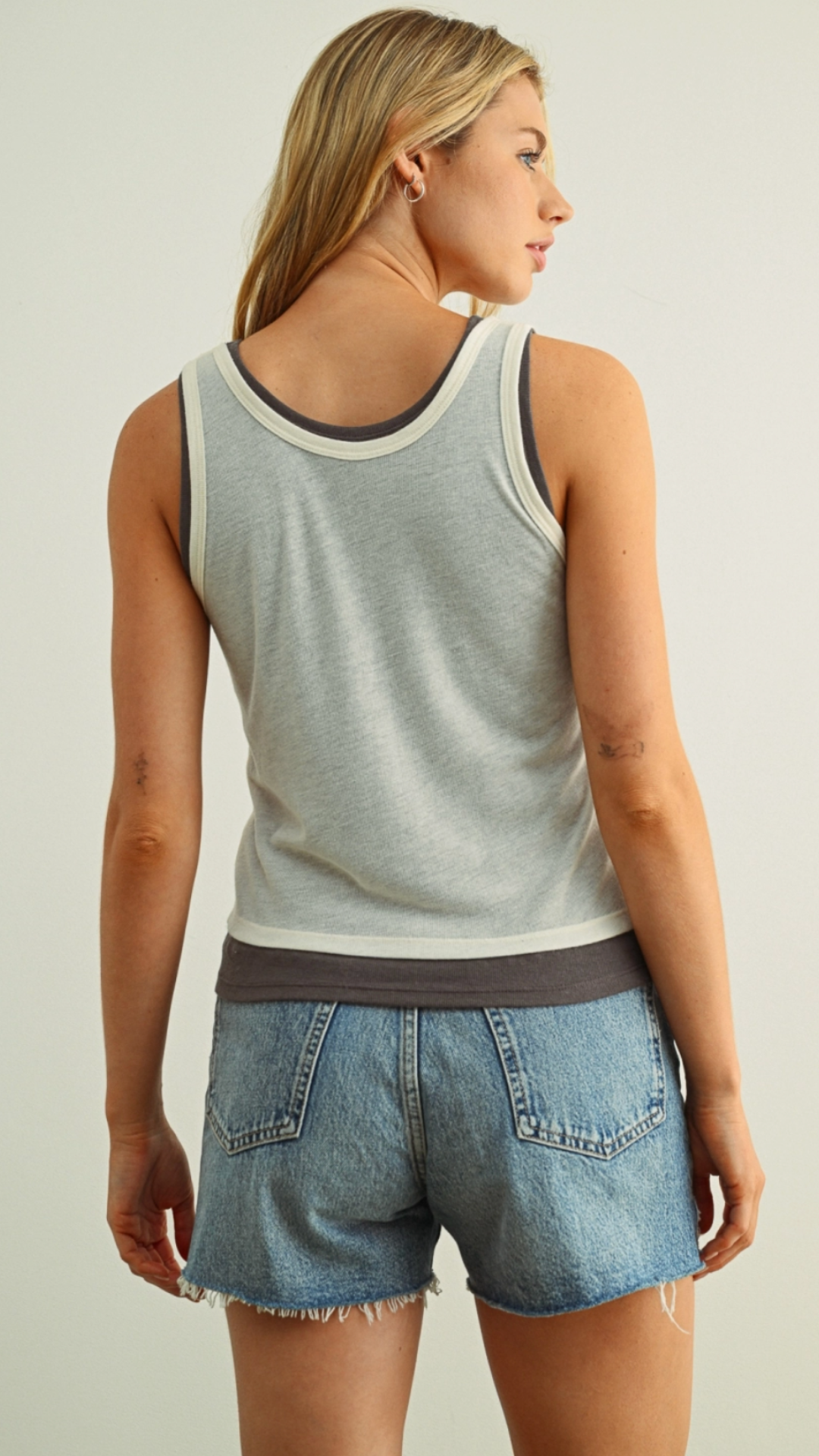 Cream And Charcoal Essential Double Layered Sleeveless Racer Back Tank