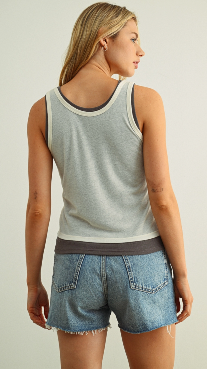 Cream And Charcoal Essential Double Layered Sleeveless Racer Back Tank