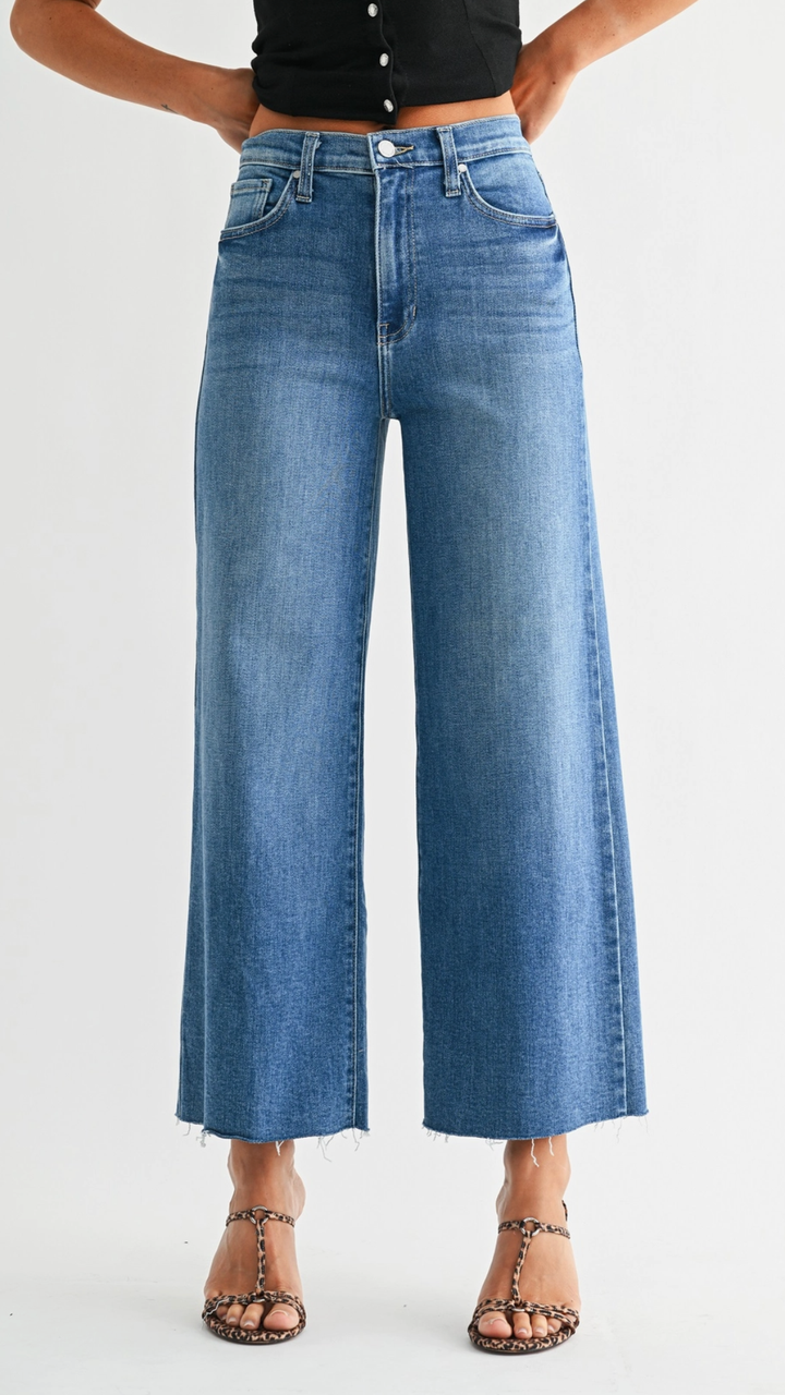 High Rise Medium Wash Scissor Cut Wide Leg Jeans
