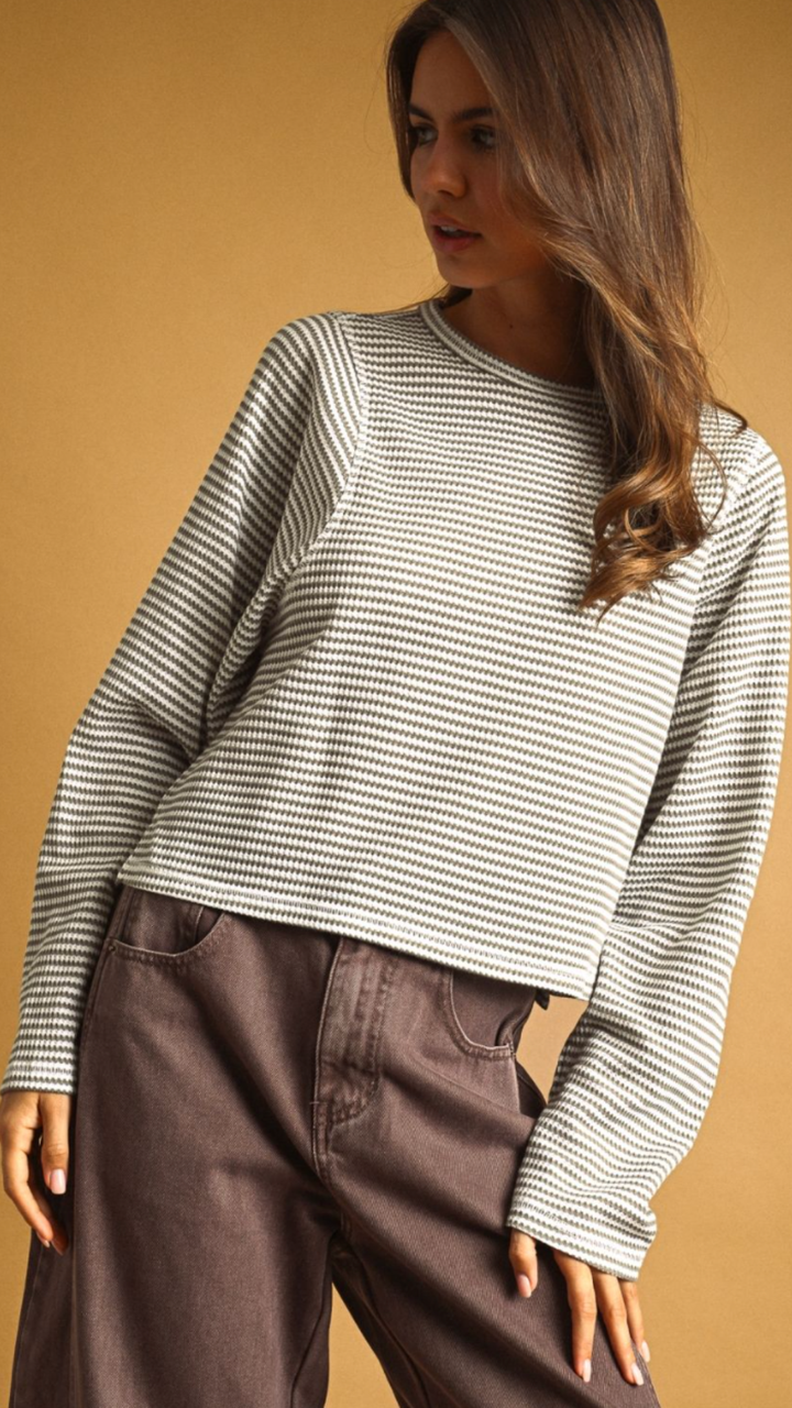 Grey Striped Waffle Long Sleeve Top