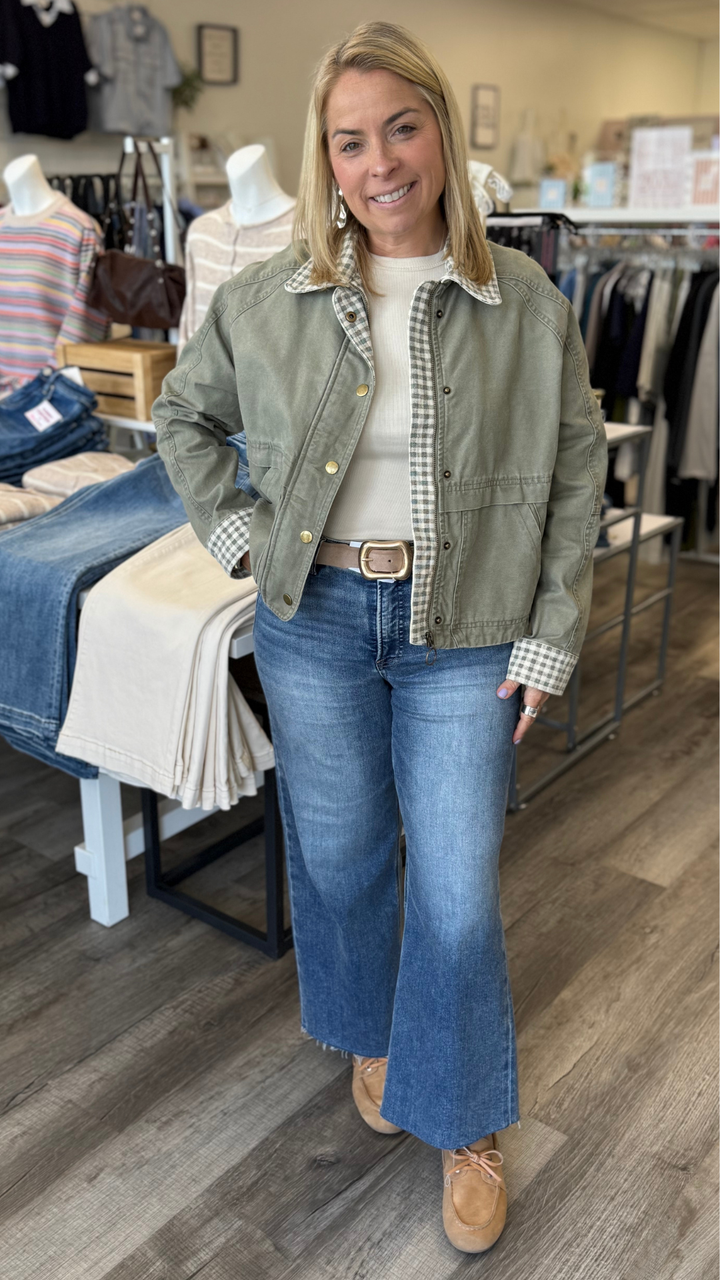 Olive Gingham Collared Twill Jacket