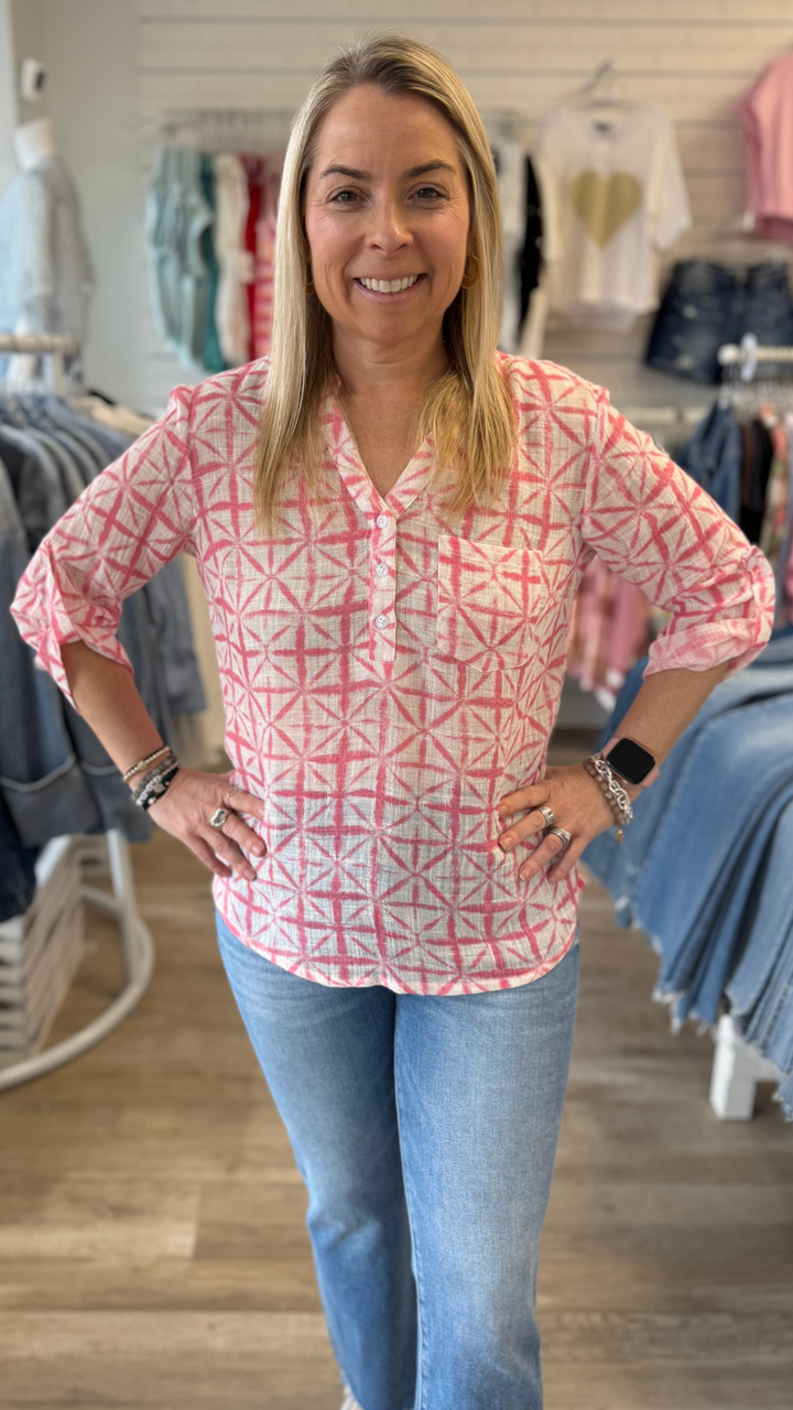 Pink Printed Roll Up Sleeve Cotton Gauze Blouse