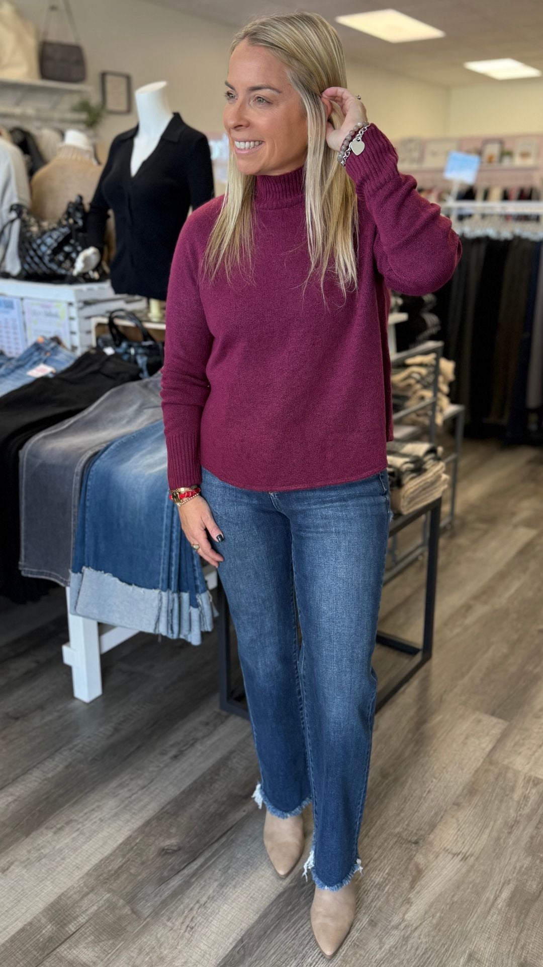 Raspberry Beret Alessi Mock Neck Sweater