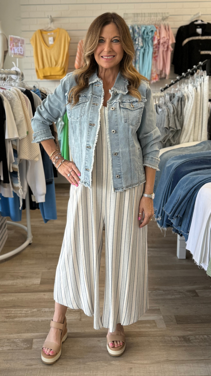 Pale Blue Stripe Sleeveless V-Neck Jumpsuit