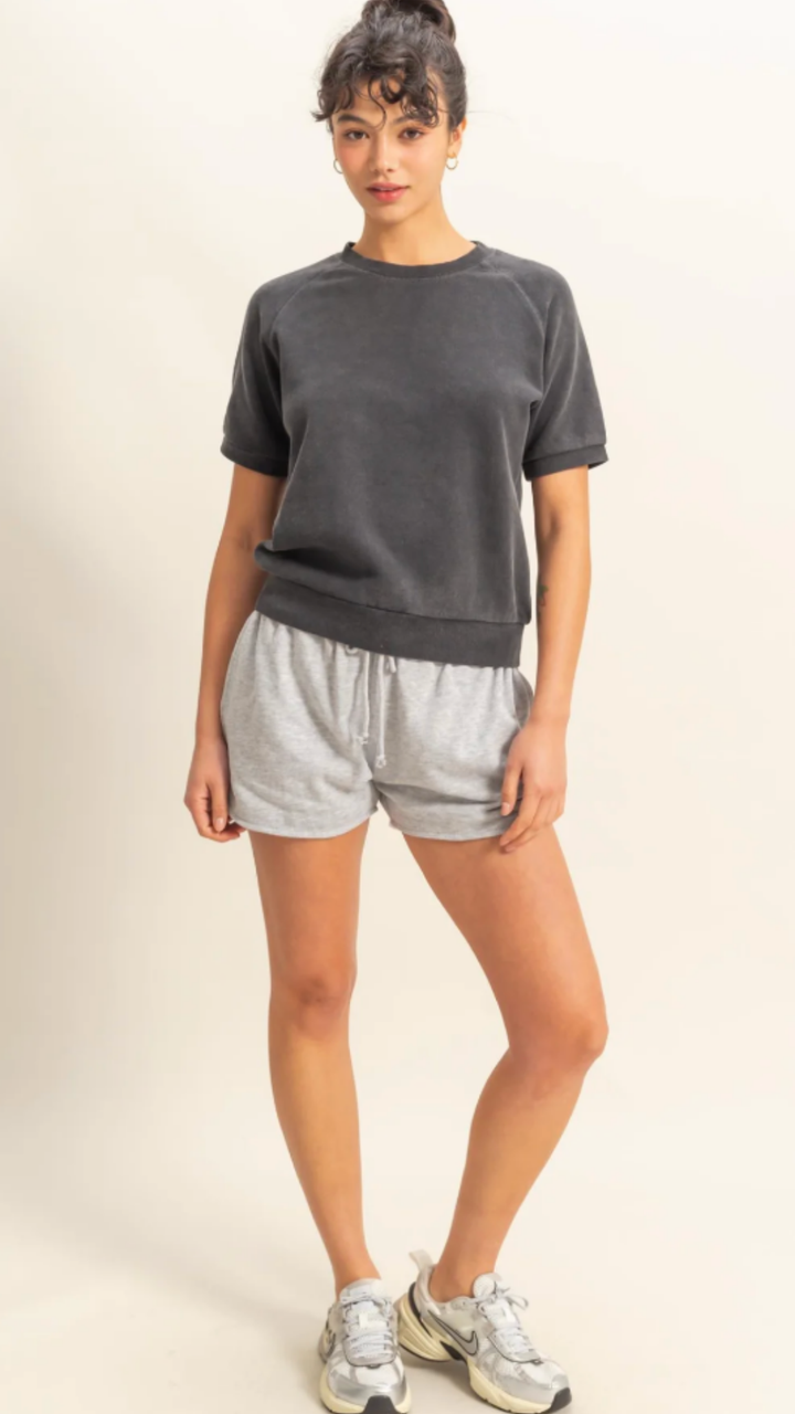 Crew Neck Terry Ribbed Hem Top