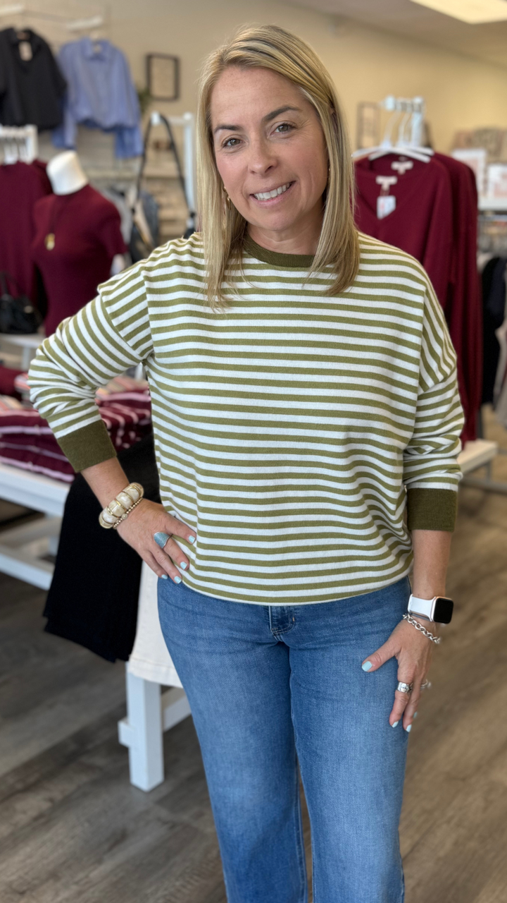 Green Striped Contrast Sweater