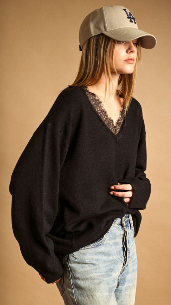 Black Long Sleeve Lace Contrasted Knit Top