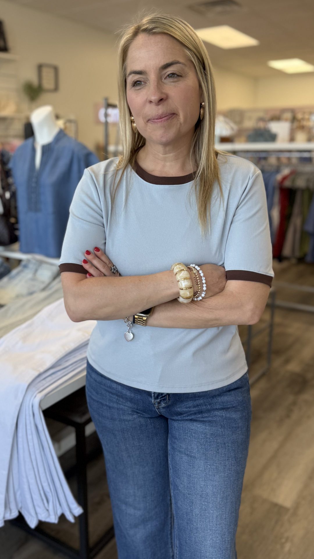 Dusty Blue And Brown Trim Ringer Tee