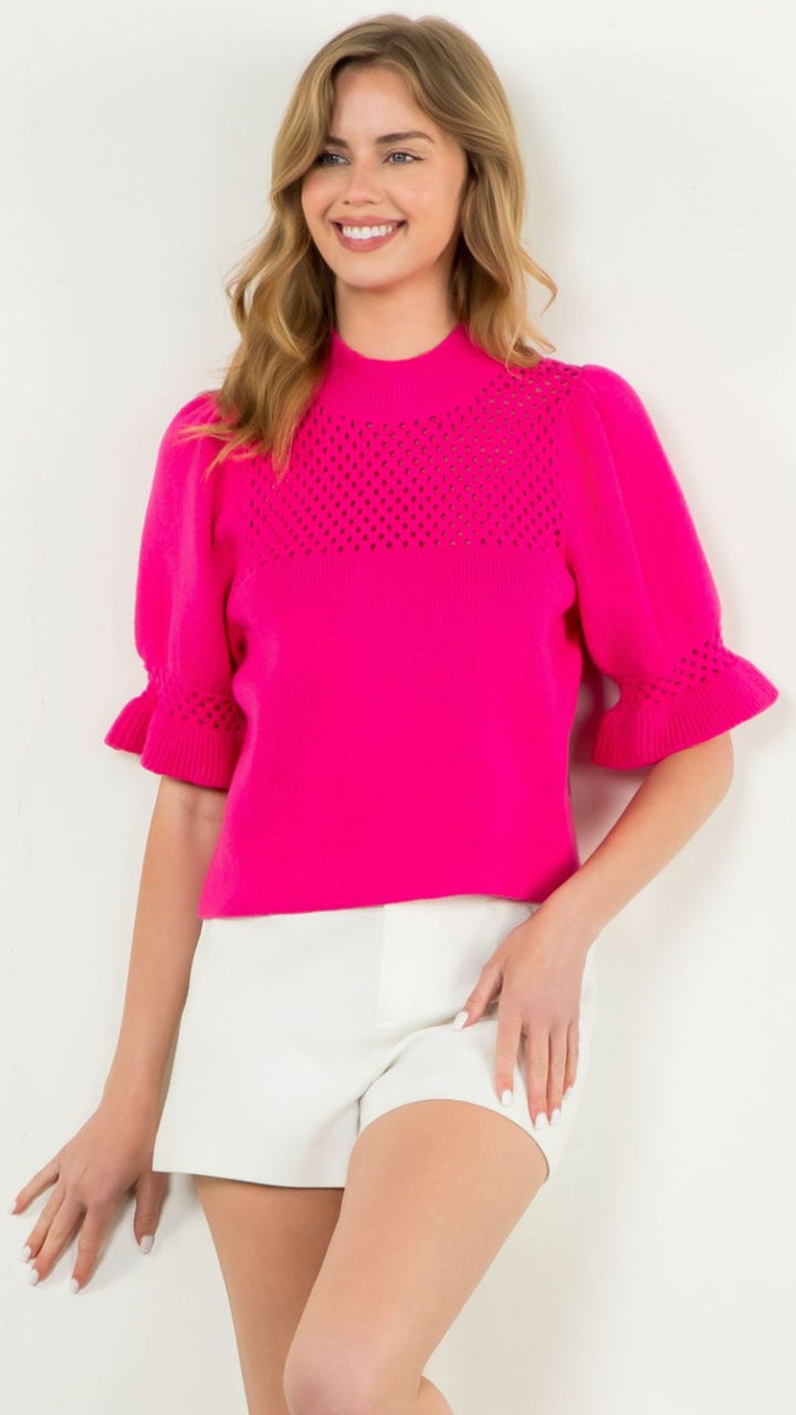 Magenta Pointelle Knit Puff Sleeve Top