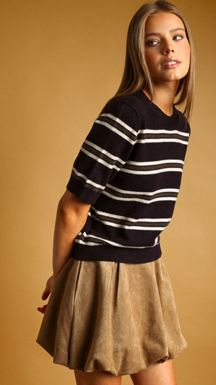 Navy Multi Stripe Short Sleeve Sweater